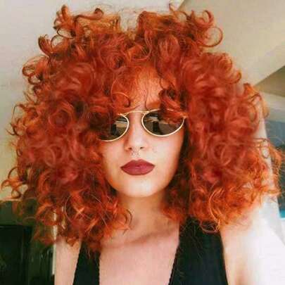 DZfirst Peluca rizada naranja de 16 pulgadas con flequillo, fibra sintética resistente al calor, adecuada para disfraces de Halloween y Navidad