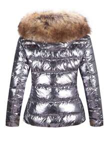 Womens Lightweight Jacket, Winter Coats For Women Warm Quilted Bubble Padded Hood Coat With Faux Fur Collar - 銀色 - 查看 1