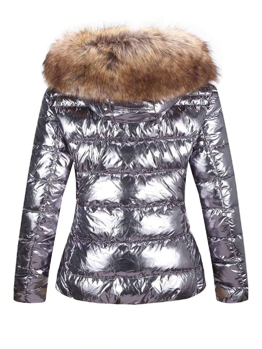 Womens Lightweight Jacket, Winter Coats For Women Warm Quilted Bubble Padded Hood Coat With Faux Fur Collar - 銀色 - 查看 1