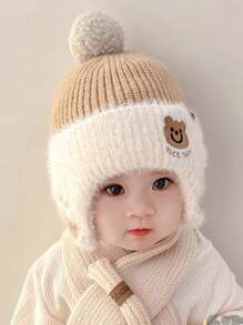 Mũ len trẻ sơ sinh có bảo vệ tai, thiết kế hình chú gấu dễ thương, trang trí tua rua, không vành, dành cho cả nam và nữ, ấm áp cho mùa thu và đông, mặc thường ngày - Mũ dệt kim-Gấu nhỏ - Xem 3