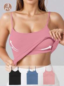 3PCS Knitted Threaded Spaghetti Straps Adjustable Solid Color Camisole With Chest Pads For Women To Wear As An Inner Or Outer Top To Cover Side Breasts In Summer