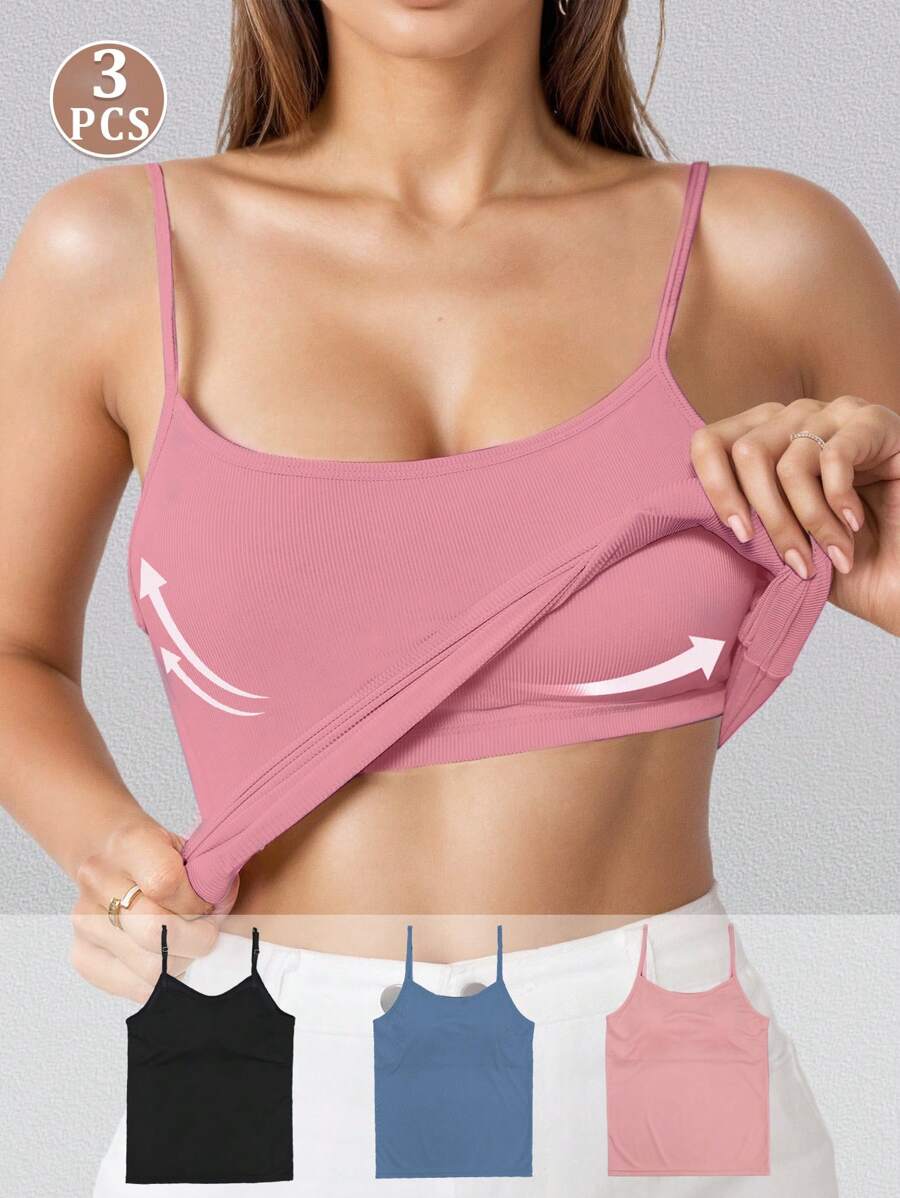 3PCS Knitted Threaded Spaghetti Straps Adjustable Solid Color Camisole With Chest Pads For Women To Wear As An Inner Or Outer Top To Cover Side Breasts In Summer