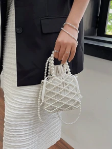 优雅珍珠手提包，手工串珠单肩包，夏季女士水桶包斜挎包 - 白色 - 查看 3