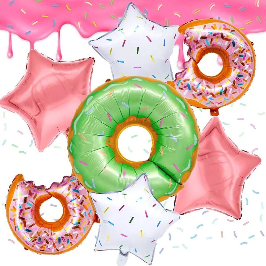 Kit 7 Globos Metálicos Dona Mordida Estrellas Azucar Fiesta - Multicolor - Ver 1