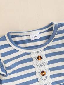 Baby Girl Blue & White Striped Long Sleeve Top And Ruffle Trim Long Pants 2pcs Outfit - Blue - View 3