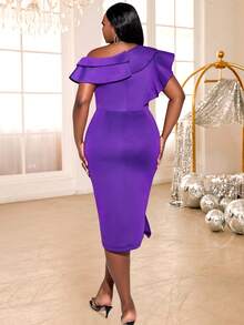 Đầm Plus Size Bất đối xứng Xù Chia Dây kéo màu trơn Buổi tiệc - Màu tím  Violet - Xem 2