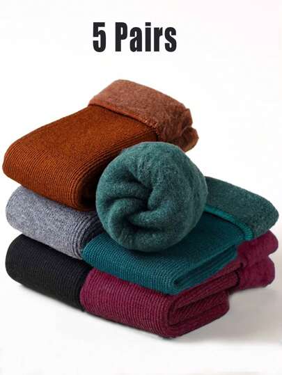 5pairs Kids Thick Warm Thermal Lined Solid Color Crew Socks, Unisex, Fit For Boys And Girls, For Fall And Winter