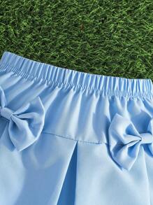 夏季嬰兒女孩隨性可愛肋條網眼無袖上衣和蝴蝶結短裙套裝 - 淺色水洗藍 - 查看 8