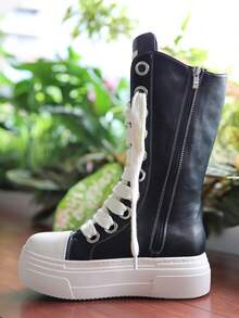 Zapatillas con plataforma bordada con llama, botas de combate deportivas, zapatillas casuales negras y blancas de moda para mujer, zapatillas deportivas, zapatos con cremallera y botas largas - Blanco y Negro - Ver 4