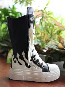 Zapatillas con plataforma bordada con llama, botas de combate deportivas, zapatillas casuales negras y blancas de moda para mujer, zapatillas deportivas, zapatos con cremallera y botas largas - Blanco y Negro - Ver 5