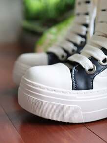 Zapatillas con plataforma bordada con llama, botas de combate deportivas, zapatillas casuales negras y blancas de moda para mujer, zapatillas deportivas, zapatos con cremallera y botas largas - Blanco y Negro - Ver 6