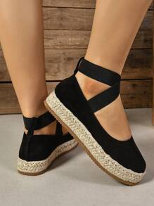 Damen Mode Lässig Keilschuhe mit dickem Boden und geflochtener Seil-Optik für alle Jahreszeiten, hochwertige wasserfeste Plateau-Freizeitschuhe mit Keilabsatz in Schwarz, Pink, Beige, Braun, Silber - retroartige flache Sandalen mit Kreuz-Elastikband - Schwarz - Übersicht 5