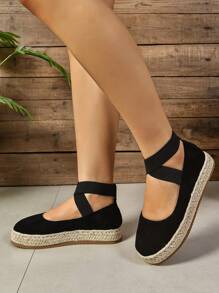 Damen Mode Lässig Keilschuhe mit dickem Boden und geflochtener Seil-Optik für alle Jahreszeiten, hochwertige wasserfeste Plateau-Freizeitschuhe mit Keilabsatz in Schwarz, Pink, Beige, Braun, Silber - retroartige flache Sandalen mit Kreuz-Elastikband - Schwarz - Übersicht 2