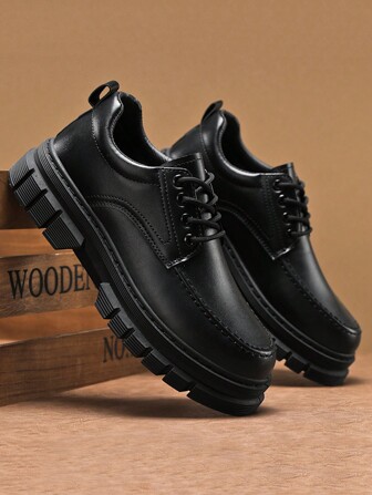 男士皮鞋，小众英伦休闲男鞋，厚底高帮黑色大头德比休闲复古正装黑色宽脚潮流鞋