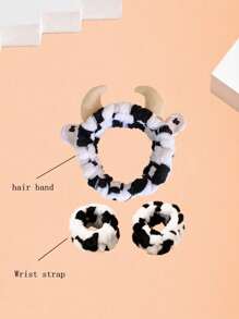 1pc Cow Pattern Bath Headband & 2pcs Bath Wrist Band, Polyester Cow Decor Facial Makeup Headband & Wrist Wash Band For Bathroom Home Bathroom Decor Fall Decor Back To School Hair  - Black and White - View 10