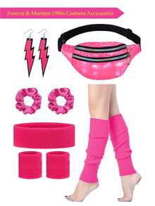 Forever & Moment 7 món phụ kiện hóa trang neon thập niên 80 cho nữ Bộ giữ ấm chân Vòng đeo tay Hoa tai tia chớp Vòng tóc Túi đeo hông Băng đô Yoga Thể thao Chạy bộ Đồ trang trí Halloween Quà tặng - nhiều màu - Xem 1