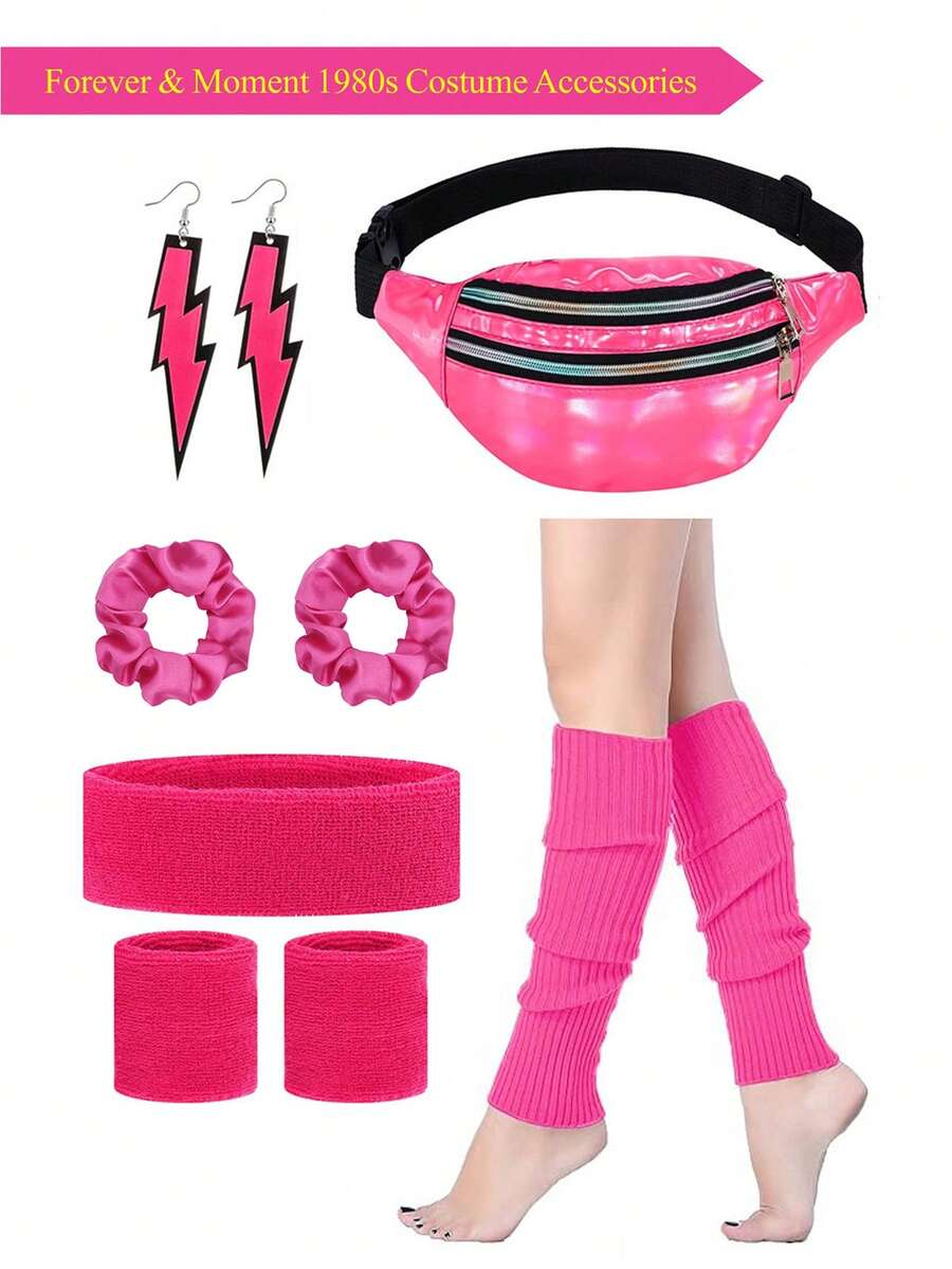 Forever & Moment 7 món phụ kiện hóa trang neon thập niên 80 cho nữ Bộ giữ ấm chân Vòng đeo tay Hoa tai tia chớp Vòng tóc Túi đeo hông Băng đô Yoga Thể thao Chạy bộ Đồ trang trí Halloween Quà tặng - nhiều màu - Xem 1