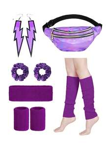 Forever & Moment 7 món phụ kiện hóa trang neon thập niên 80 cho nữ Bộ giữ ấm chân Vòng đeo tay Hoa tai tia chớp Vòng tóc Túi đeo hông Băng đô Yoga Thể thao Chạy bộ Đồ trang trí Halloween Quà tặng - nhiều màu - Xem 5