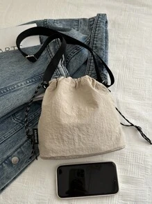 1pc Plush Pendant Accessory Included, 1pc Nylon Solid Color Drawstring Bucket Bag, Crossbody Shoulder Bag For Women, Fashion - Beige - View 7