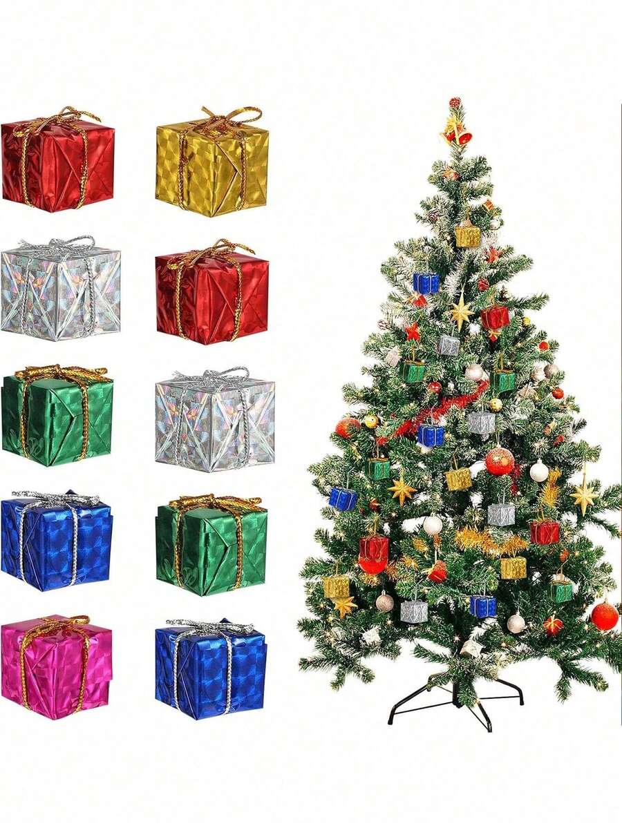 12/24 件圣诞树迷你立方体礼品盒，礼品装饰精品包装盒微型铝箔装饰品，装饰盒适用于圣诞树节日派对周年纪念家居装饰 - 彩色 - 查看 1