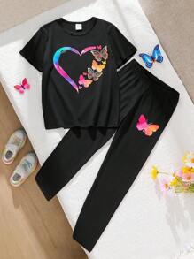 2pcs/Set Summer Fashionable Teen Girls Heart & Butterfly Print Short Sleeve Top And Solid Color Pants Set, Comfortable Daily Casual Outfit