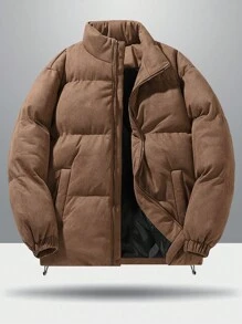 Men's Solid Color Stand Collar Wind & Cold-Resistant Faux Suede Padded Coat - Coffee Brown - View 1