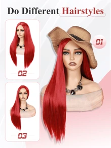 Peluca larga y recta de cabello rojo con raya al medio, peluca sintética de sirena de color para Halloween, cosplay sin encaje con apariencia natural, peluca roja para mujeres y niñas, peluca de reemplazo de cabello natural para uso diario, fiesta y disfraz de Halloween - Rojo - Ver 6