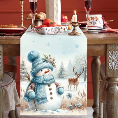 Christmas Happy Blue Scarf Snowman And Elk Linen Table Runner, Merry Christmas Linen And Polyester Tablecloth Holiday Farmhouse Table Decor For Home,Kitchen,Dining Room,Indoor,Outdoor, Winter,Christmas