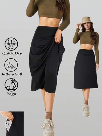 RUNONWHEELS 5 万圣节女式中长款短裙 带口袋 端庄短裙 29 英寸长及膝运动黑色短裙 高腰收腹