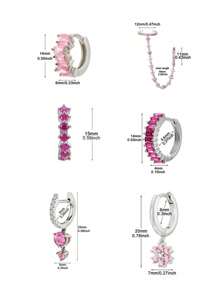 6Pcs Lovely Gold Plated Cubic Zirconia Dangle Earrings For Women Pink Zirconia Flower Hoop Earrings Set Fashion Jewelry