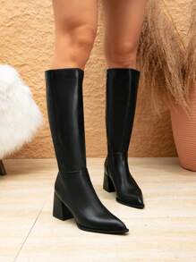 Women's Comfortable All-Match Side Zipper Chunky Heel Knee High Boots, Matte Synthetic PU, Classic Motorcycle Boots In Black