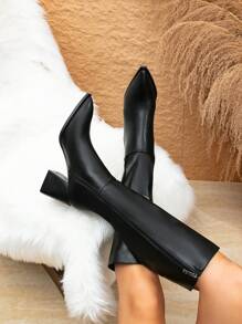 Women's Comfortable All-Match Side Zipper Chunky Heel Knee High Boots, Matte Synthetic PU, Classic Motorcycle Boots In Black