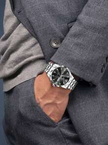 VA VA VOOM Men's Quartz Watch, Fashion Luxury Style, Rhinestone Markers, Dual Calendar, Stainless Steel Rivet, Luminous, Blue & Gold Casual Business Wristwatch