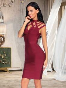 Women's Hollow Out Bandage Party Dress Sleeveless High Neck Bodycon Dresses Club - Màu Đỏ Sâu - Xem 3