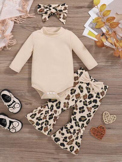 Spring And Autumn Style, Baby Girl, Casual, Elegant, Fashionable, Light And Comfortable, Clothing Set, Solid Color, Flying Shoulders, Long Sleeve Bodysuit, Camouflage Leopard Print Flared Pants, Bandana, Three Pieces Set