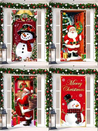 1 件圣诞主题门横幅，以圣诞老人送礼物和雪人元素为特色，圣诞节假期家庭入口装饰设计