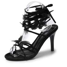Spring/Summer Women's High Heel Sandals, Lace-Up Sandals, 3D Black Butterfly Rhinestone Decor, Eye-Catching, Sexy, Suitable For Banquet, Vacation, Formal Party, Indoor, Outdoor, Daily Wear, Black High Heel Sandals - Black - View 6