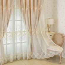 1 片双层窗帘，带刺绣白色透明薄纱，混合搭配窗帘，隔热窗帘，杆顶口袋 - 米色 - 查看 5