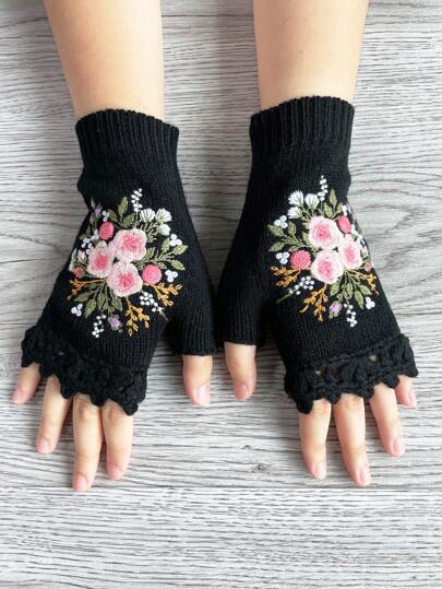 1 Pair Vintage Style Women Hand-Crocheted Floral Embroidery Fingerless Gloves For Autumn & Winter Halloween