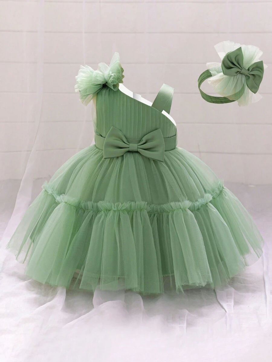 女婴蝴蝶结薄纱花童礼服，适合婚礼、生日、派对等场合，附赠头饰