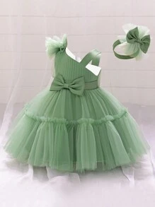 女婴蝴蝶结薄纱花童礼服，适合婚礼、生日、派对等场合，附赠头饰