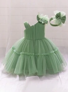 女婴蝴蝶结薄纱花童礼服，适合婚礼、生日、派对等场合，附赠头饰