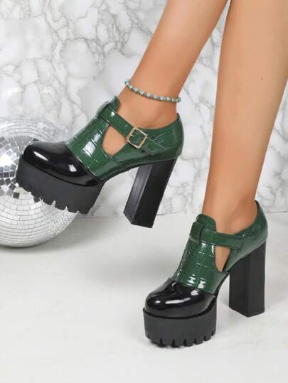 2024 New Mary Jane High Heel Shoes, Colorblock, Chunky Heel, Platform Design, For Petite Women