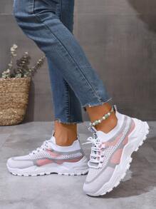 Women's Fashion Gradient Color Sneakers, Thick Sole Increase Height Lace-Up Casual Shoes, Versatile Vulcanized Shoes, Mesh Breathable Running Shoes, Non-Slip Hiking Shoes, Suitable For Gym, Outdoor Running, Sports Activities, All Season - Pink - View 4