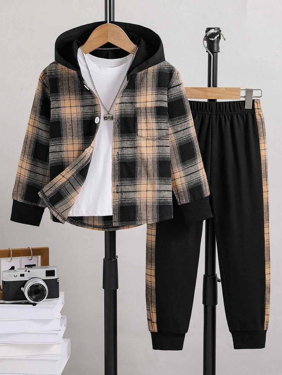 Áo hoodie kẻ sọc in hình chắp vá cài nút phía trước cho bé trai và quần thể thao, mùa xuân thu - Màu Khaki - Xem 1