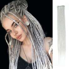 DZfirst 1/4 Pack (10/40 Strands) Fine 0.6cm Handmade Hip Hop Style Dreadlock Extensions, Light Gray, 18-36 Inches, Heat Resistant Synthetic Hair, Pre-Stretched Extensions, Braiding Hair - Light Grey - View 5