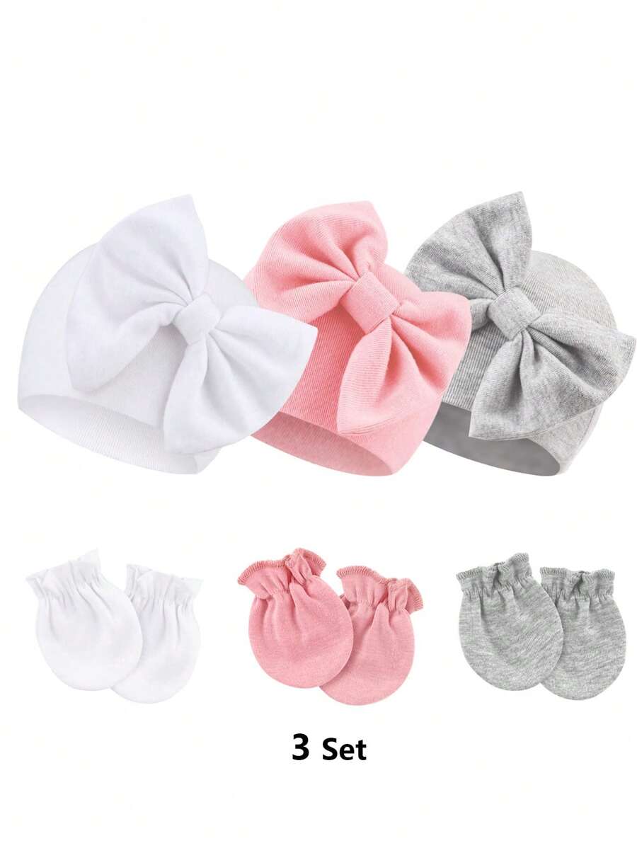 3sets Newborn Baby Double Layer Hat & Anti-Scratch Mittens Set, Breathable & Soft