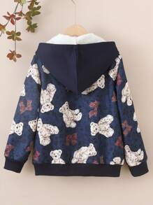 Tween Girls Casual Fuzzy Bear Graphic Hooded Jacket For Autumn/Winter - Navy Blue - View 2