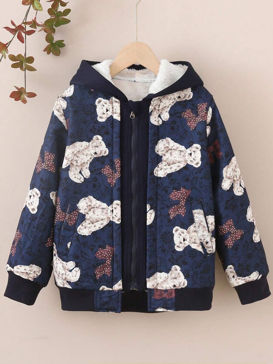 Tween Girls Casual Fuzzy Bear Graphic Hooded Jacket For Autumn/Winter - Navy Blue - View 1