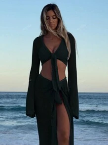 Ensemble de top court à manches longues et de mini-jupe taille nouée en couleur unie pour femmes, tenue d'été